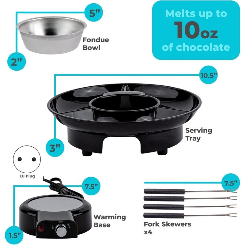Fondue Set Electric - 電気フォンデュポットセット 温度調節機能付き 取り外し可能なサービングトレイと4つのローストフォーク チョコレートフォンデュキット EUプラグ