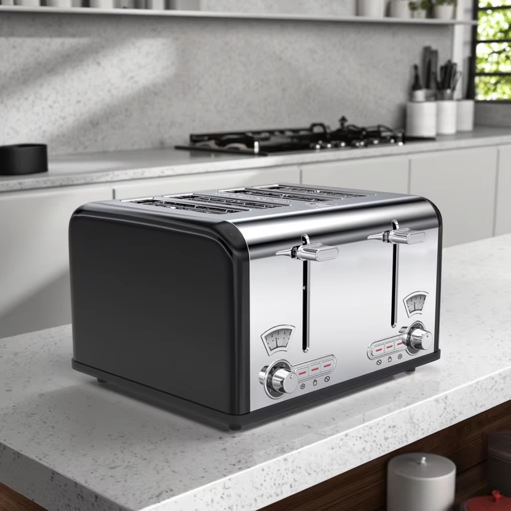 Toaster 4 Slice - 電気式4枚焼きエクストラワイドスロットステンレス製ブレッドトースター、5段階焼き色調整、再加熱機能、自動ポップアップ、取り外し可能なクラムトレイ